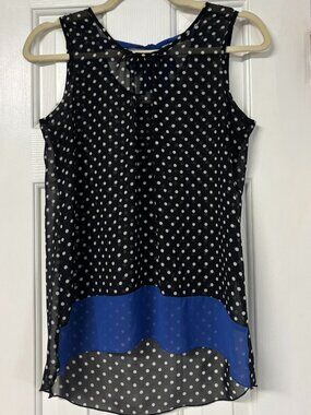 Speechless Juniors Black White Polka Dot Chiffon Top Royal Blue Bow XL